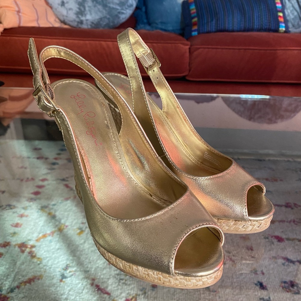 ⭐️ Lily Pulitzer ⭐️ Kristin Wedge Gold Leather Slingback - Size 6